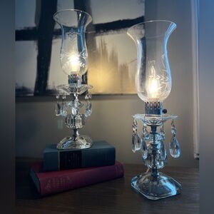 Vintage 1950's Crystal/Etched Glass Hollywood Regency Boudoir Lamps -Pair